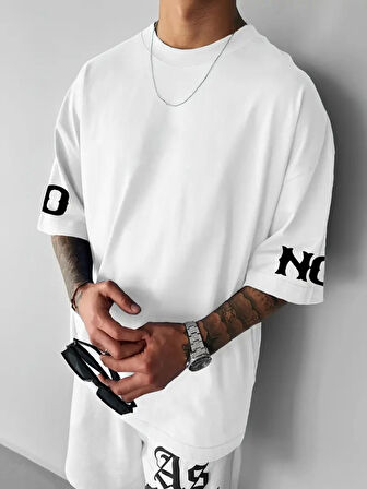 Baskılı Oversize Bisiklet Yaka T-shirt - Beyaz