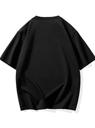 Baskılı Oversize Bisiklet Yaka T-shirt - Siyah