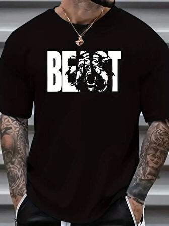 Baskılı Oversize Bisiklet Yaka T-shirt - Siyah