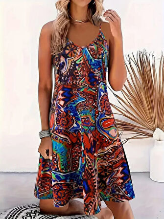 Kadın Ip Askılı V Yakalı Desenli Kısa Süprem Elbise