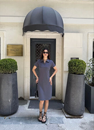 Osy Modal Yumuşak Dokulu Kumaş Yakalı Kısa Kollu Elbise - Füme