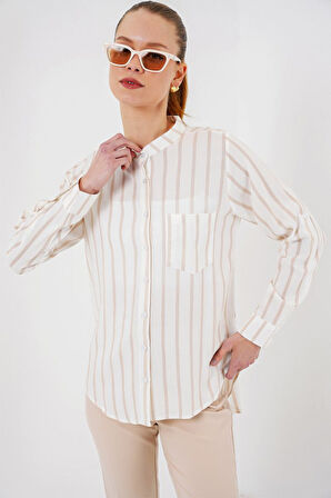 Uzun Kollu Çizgili Gömlek 20283 - Bej