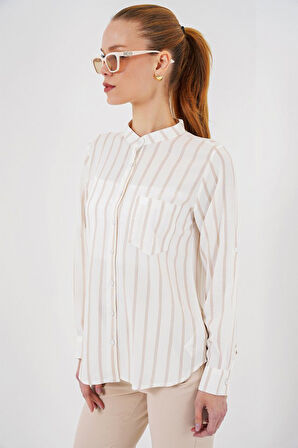 Uzun Kollu Çizgili Gömlek 20283 - Bej