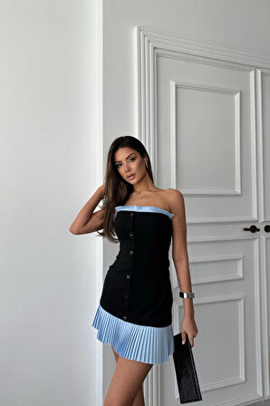 STRAPLEZ POLVİSKON ELBİSE MAVİ FIRFIR DETAYLI - Siyah