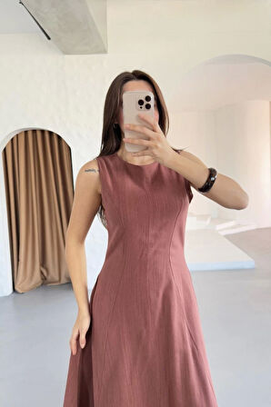 Keten Uzun Kolsuz Elbise- Gül Kurusu