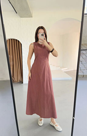 Keten Uzun Kolsuz Elbise- Gül Kurusu