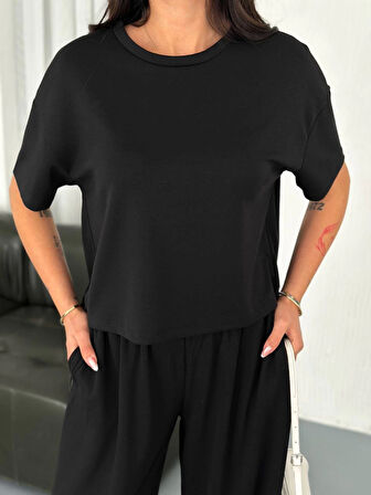 Osy Modal Yumuşak Dokulu Kumaş Bisiklet Yaka T-shirt Bol Paça Pantalon Ikili Takım -Siyah