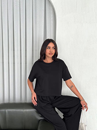 Osy Modal Yumuşak Dokulu Kumaş Bisiklet Yaka T-shirt Bol Paça Pantalon Ikili Takım -Siyah