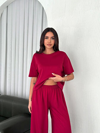 Osy Modal Yumuşak Dokulu Kumaş Bisiklet Yaka T-shirt Bol Paça Pantalon Ikili Takım -Bordo