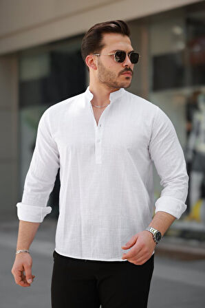 Erkek Hakim Yaka Yarım Düğmeli Keten Gömlek