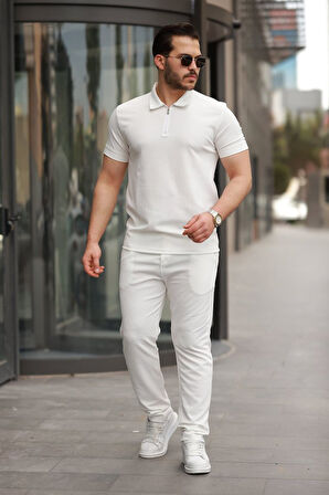 Erkek Yakalı Fermuarlı T-shirt Pantolon Ikili Rahat Takım