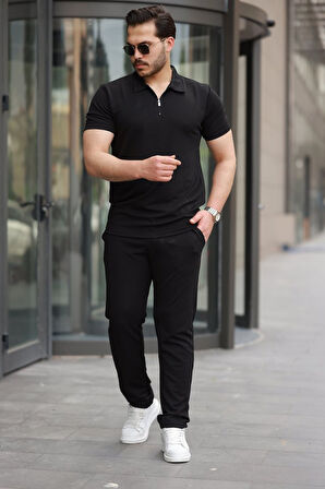 Erkek Yakalı Fermuarlı T-shirt Pantolon Ikili Rahat Takım