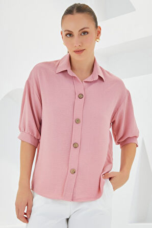 Pembe Kısa Kol Oversize Keten Gömlek 20240