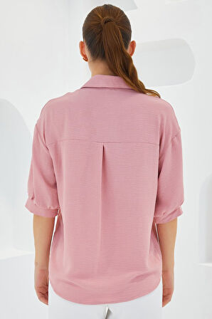 Pembe Kısa Kol Oversize Keten Gömlek 20240
