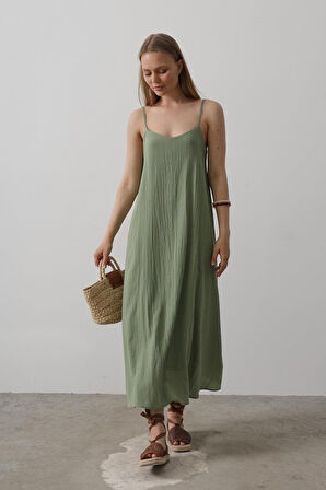 Askılı Uzun Çan Elbise - Haki