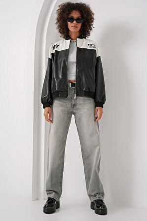 0698 Baskılı Suni Deri Bomber Ceket - Beyaz