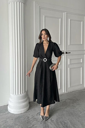 Siyah Işıltılı Kemerli Kruvaze Elbise