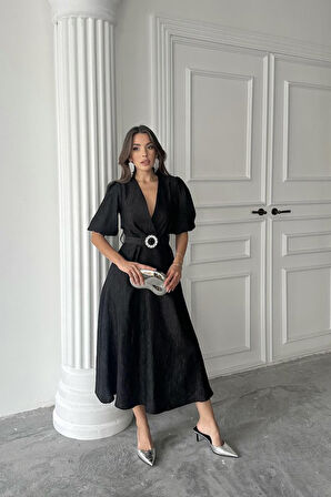 Siyah Işıltılı Kemerli Kruvaze Elbise