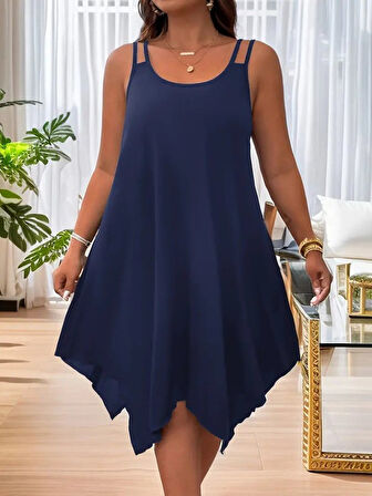 Kadın Askılı Yuvarlak Asimetrik Kesim Detaylı Viskon Elbise