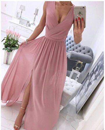 Kadın şifon Kumaş V Yaka Sıfır Kol Maxi Boy Elbise