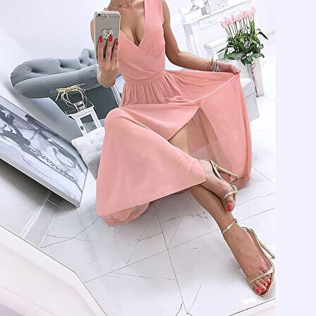 Kadın şifon Kumaş V Yaka Sıfır Kol Maxi Boy Elbise