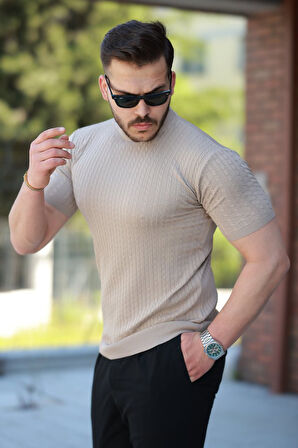 Erkek Bisiklet Yaka örgü Desenli Kısa örme Triko Kısa Kollu T-shirt