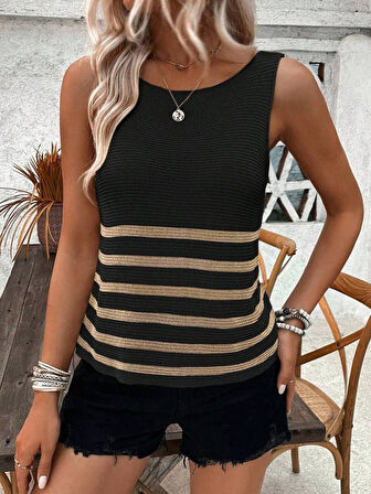 Kadın Sıfır Kol Yuvarlak Yaka şerit Detay Triko Bluz