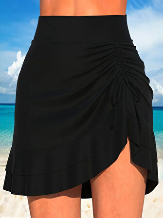 Kadın Yüksek Bel Yandan Büzgülü Fırfırlı Kısa Sandy Etek