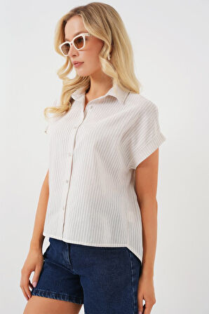 Çizgili Kısa Kol Gömlek 20324 - Krem