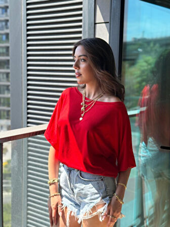 Kadın Tek Omuzu Açık Kısa Kollu Salaş Viskon Bluz