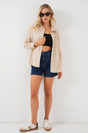 20143 Cepli Oversize Gömlek - Krem