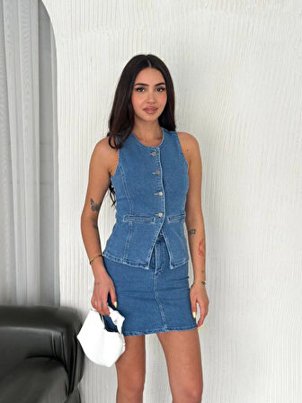 Kot Jeans Etekli Ikili Takım - Mavi