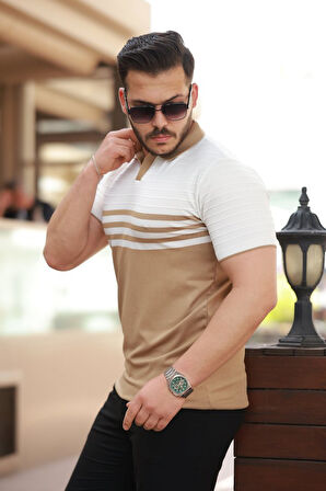 Erkek çizgi Desenli Yakalı Kısa Kollu T-shirt