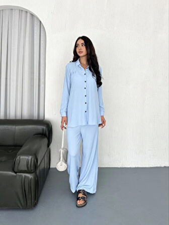 Yakalı Düğmeli Uzun Kollu Gömlek Pantolon Ikili Takım - Bebek Mavisi