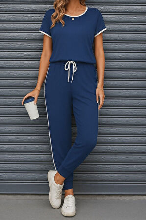 Kadın Kısa Kollu Kayık Yaka Viskon Iki Iplik Bluz Ve Bağcıklı Pantolon Ikili Takım