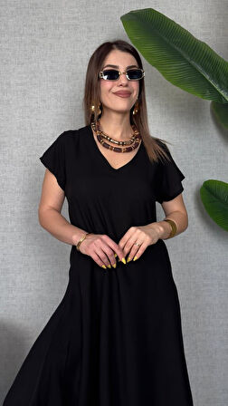 Kadın Kısa Kollu V Yaka Salaş Maxi Boy Elbise