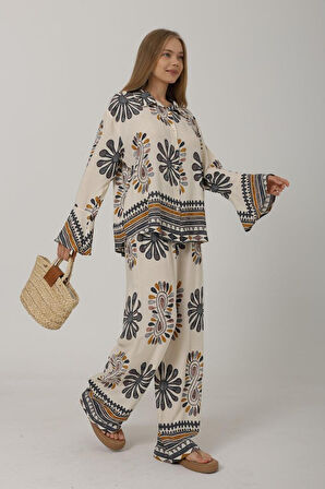 Desenli Kolları Volanlı Pantolon Takım - Antrasit