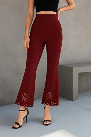 Kadın Yüksek Bel Paçaya Doğru Genişleyen Lazer çiçek Kesim Detaylı Ithal Krep Pantolon