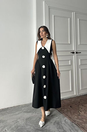 Siyah Gül Detaylı Atlas Elbise