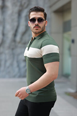 Erkek Fermuar Yakalı şerit Renk Desenli Kısa Kollu Tişört