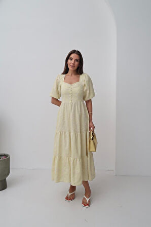 Sarı Süs Düğmeli Balon Kollu Elbise