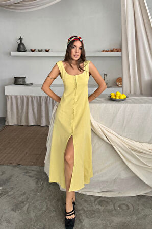 KETEN KOLSUZ KARE YAKA DÜĞME DETAYLI ELBİSE - Sarı