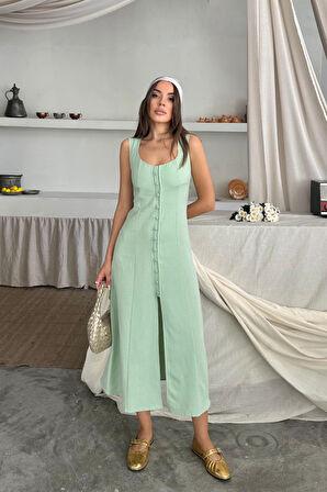 KETEN KOLSUZ KARE YAKA DÜĞME DETAYLI ELBİSE - Mint