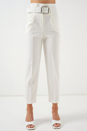 6556 Kemerli Kumaş Pantolon - Ekru