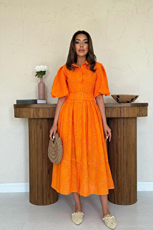 Oranj Pileli Balkon Elbise