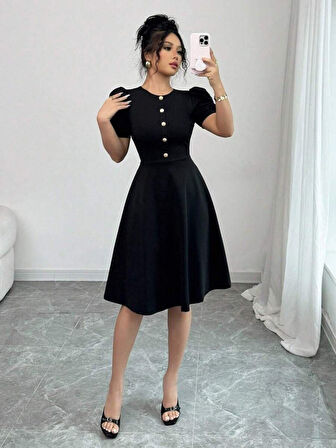 Kadın Kısa Kollu Bisiklet Yaka önden Düğmeli Ithal Krep Elbise