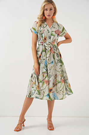 Desenli Kısa Kol Elbise 2558 - Çağla