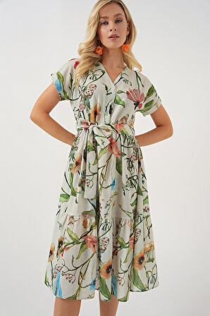 Desenli Kısa Kol Elbise 2558 - Çağla