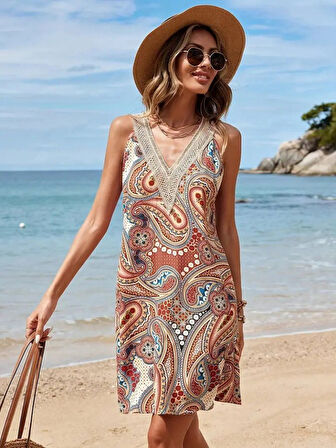 Kadın Kısa Kollu Dantel V Yakalı Desenli Süprem Elbise