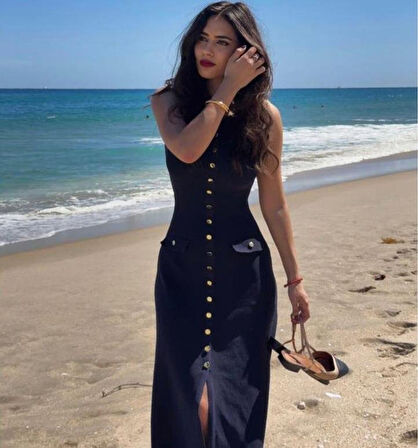 Kadın Kaşkorse Kumaş Düğme Detaylı Kolsuz Maxi Boy Elbise